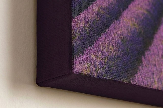 Color wrap canvas corner — solid plum sides with the full photo on the front